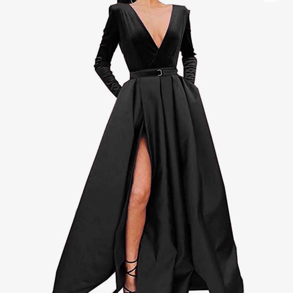 Long Sleeve Black Velvet Ball Gown